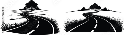 Winding road through landscape with trees silhouette design element set