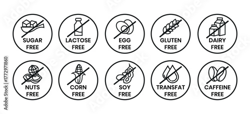 Set allergen free icons. Allergen free label products. Free lactose, gluten, sugar, corn, egg, trans fat, dairy, soy, nuts, caffeine, symbol, logo, badge, black, vector, isolated on white background.