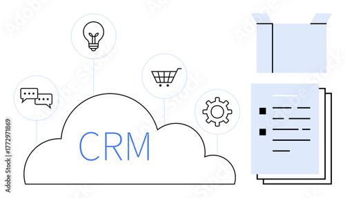 Cloud labeled CRM connected to chat bubbles, lightbulb, shopping cart, gear. Documents and box nearby. Ideal for business, customer relationship, data tools, e-commerce innovation organization