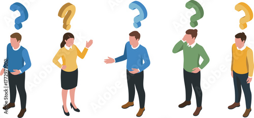 Isometric illustration of confused people with question marks, uncertainty and doubt concept, decision making challenge, business thinking situation