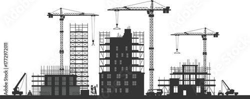 Construction site silhouette, tower cranes, urban development, building framework, excavators, scaffolding, industrial machinery, architecture, infrastructure, city growth, engineering progress,