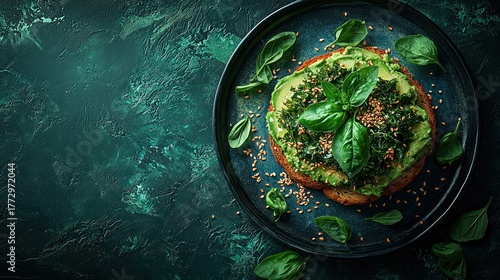 Vibrant avocado toast with fresh basil and seeds on dark plate