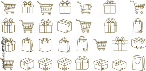 Line art seamless pattern with shopping carts, gift boxes and delivery boxes arrangement
