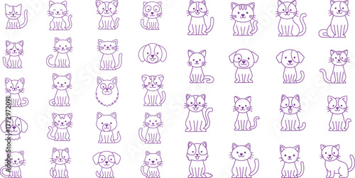 Line Art Pattern with Stylized Cats and Dogs, Seamless Repetitive Design