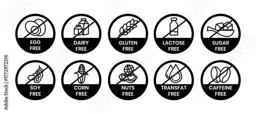 Set allergen free icons. Allergen free label products. Free lactose, gluten, sugar, corn, egg, trans fat, dairy, soy, nuts, caffeine, symbol, logo, badge, black, vector, isolated on white background.