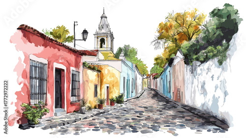 Colonia del Sacramento. Colonia del Sacramento hand drawn watercolor illustration