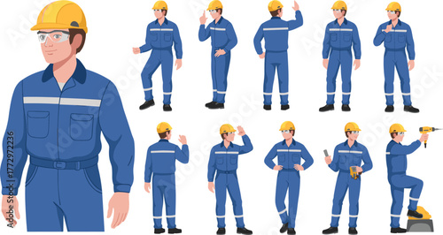 Construction worker character illustration, safety gear, hard hat, drill, clipboard, walk cycle, gesture pose, industrial uniform, vector set, occupational safety