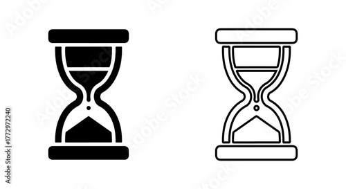 Two hourglass icons one solid black and one outline on white background