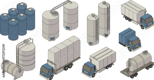 Isometric illustration of industrial storage tanks and transport trucks, chemical plant equipment, fuel containers, and logistics transportation infrastructure concept