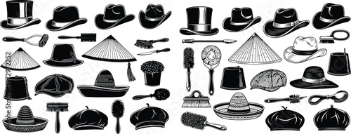Monochrome hats and brushes collection, top view, showcasing varied styles for retro design projects
