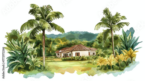 Dadanawa Ranch. Dadanawa Ranch hand drawn watercolor illustration