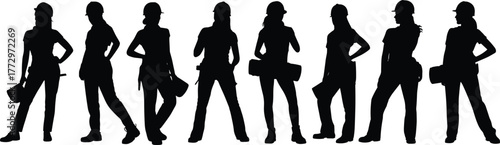 Construction workers silhouette, female engineers, teamwork, blueprint holders, industrial professionals, hard hats, planning, architecture, safety gear, standing pose, black outline,