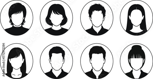 Collection of eight oval silhouette portraits of diverse individuals with blank faces representing anonymity and identity
