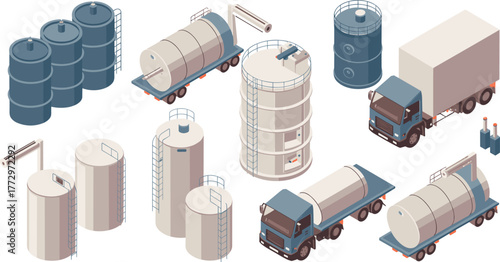 Isometric illustration of industrial storage tanks and transport trucks, chemical plant equipment, fuel containers, and logistics transportation infrastructure concept