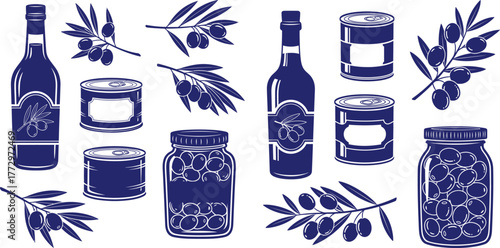 Olive oil bottle, canned olives and olive branches in a line art style isolated