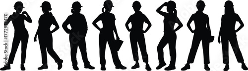 Silhouette, female, construction, workers, teamwork, diversity, safety, helmet, labor, jobsite, tools, empowerment, engineering, tradeswomen, workforce, industry, equality, occupation,
