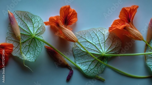 Vibrant orange flowers and circular leaves arranged horizontally against a pale background