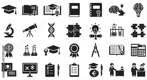 Education and science glyph icon set. Vector pictograms of atom, microscope, test tube, flask, telescope, dna, laptop, checklist, clipboard, black sign silhouette illustration