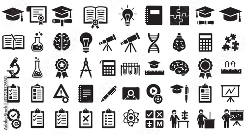 Education and science glyph icon set. Vector pictograms of atom, microscope, test tube, flask, telescope, dna, laptop, checklist, clipboard, black sign silhouette illustration