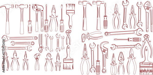 Outline drawing of various construction tools including hammers, wrenches, and pliers displayed in rows