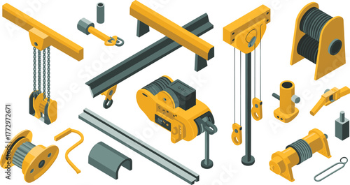 Isometric industrial machinery illustration, construction equipment tools and hoisting devices, heavy engineering components, factory production technology, mechanical industry concept