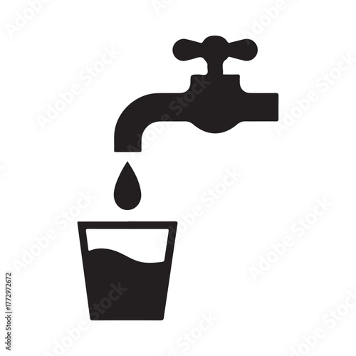 Black silhouette of a faucet dripping water into a glass