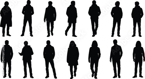 Collection of diverse male and female silhouettes standing and walking against a clean white background