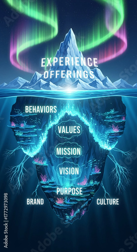 Iceberg illustration with aurora at top. The iceberg symbolizes the hidden components of a successful organization, like mission, vision, values