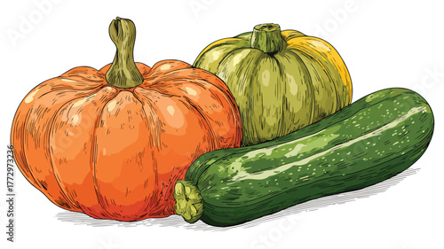 Vibrant Fresh Pumpkin and Zucchini Vegetables Vector Illustration