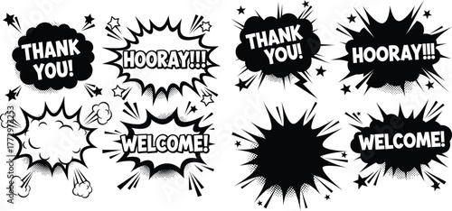 set of monochrome comic speech bubbles with halftone and text for design