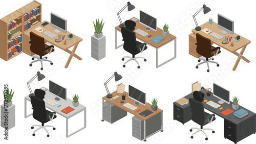 Isometric modern office workspace illustration, computer desks with chairs and lamps, organized workplace design, corporate interior, business productivity concept