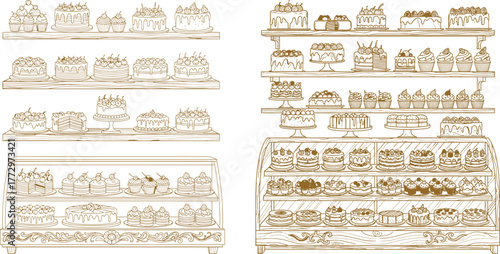 Sketchstyle bakery display shelves and case filled with cakes and cupcakes, line art