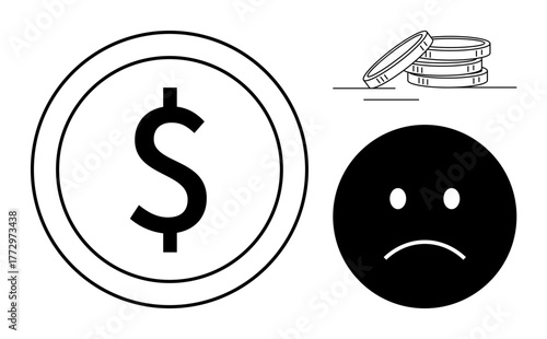 Large dollar coin, stack of coins, and a sad face reflecting financial difficulties or money stress. Ideal for finance, savings, income, budget, economy poverty wealth disparity. Simple flat