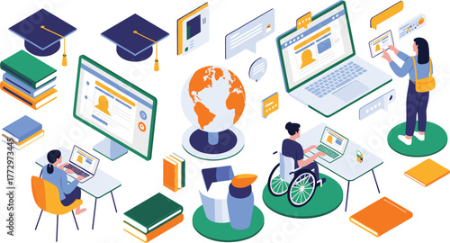 Isometric online education illustration, students learning with laptops and tablets, e-learning platform, global study concept, digital classroom communication design