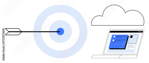Arrow hitting bullseye, laptop displaying digital content, and cloud icon symbolize focus, goal achievement, digital strategy. Ideal for focus, goal setting, cloud computing, digital marketing