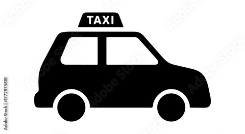 Simple black silhouette of a taxi cab with a taxi sign