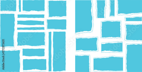 Torn paper edges, scattered scrap textures, mosaic style arrangement, crafting and design resource