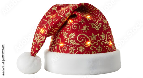 Red santa hat with gold pattern and lights isolated on transparent background