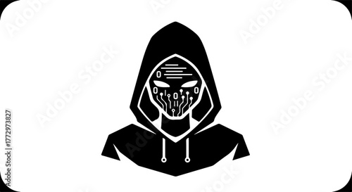 Stylized black and white silhouette of a hooded figure with a mask