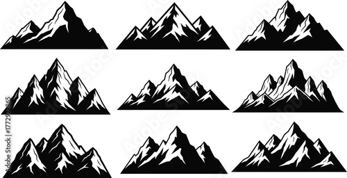 Collection of nine distinct black and white stylized mountain range silhouettes with sharp peaks and rugged textures