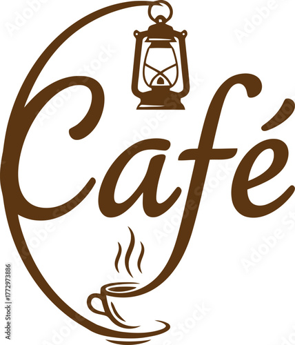 vintage cafe coffee shop logo, lantern and teacup script, cozy restaurant branding vector
