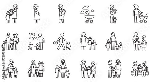 Family and parenting line icon set. Vector pictograms of couples, single parents, children, elderly, baby, newborn, teenager thin linear illustration