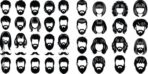 Variety of men's beards and haircuts silhouettes set, isolated mustache collection