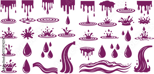 Water ripple splash set, dripping paint design element collection with diverse styles