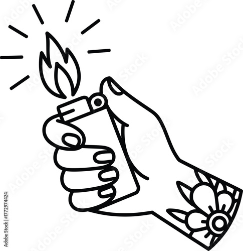 Hand Holding Lighter Vector, Flame Tattoo Line Art Illustration Design.