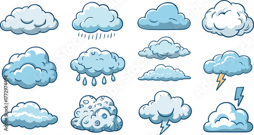 Set of twelve cartoon-style cloud illustrations showing rain, thunder, and weather variations for climate forecast and meteorological design concepts