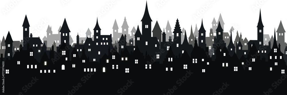 Obraz premium Dark silhouette of an old european city skyline with many buildings and lit windows at night