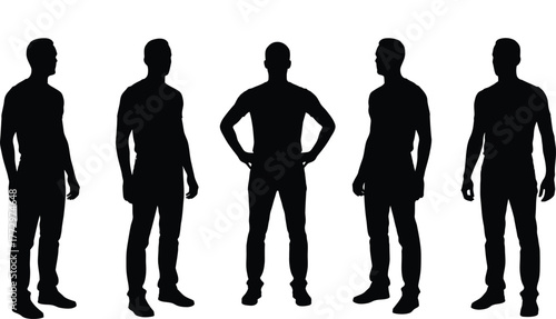 Five diverse male silhouettes standing together in a row against a white background