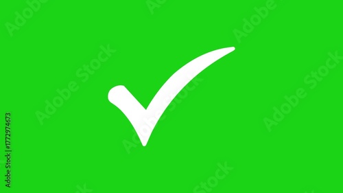 Green checkmark animation on green screen background. Tick symbol animation, success approval correct sign intro template.