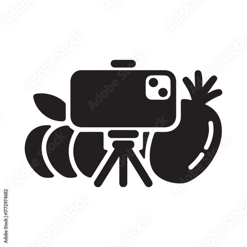 Smartphone on tripod with fresh vegetables for cooking or healthy eating content